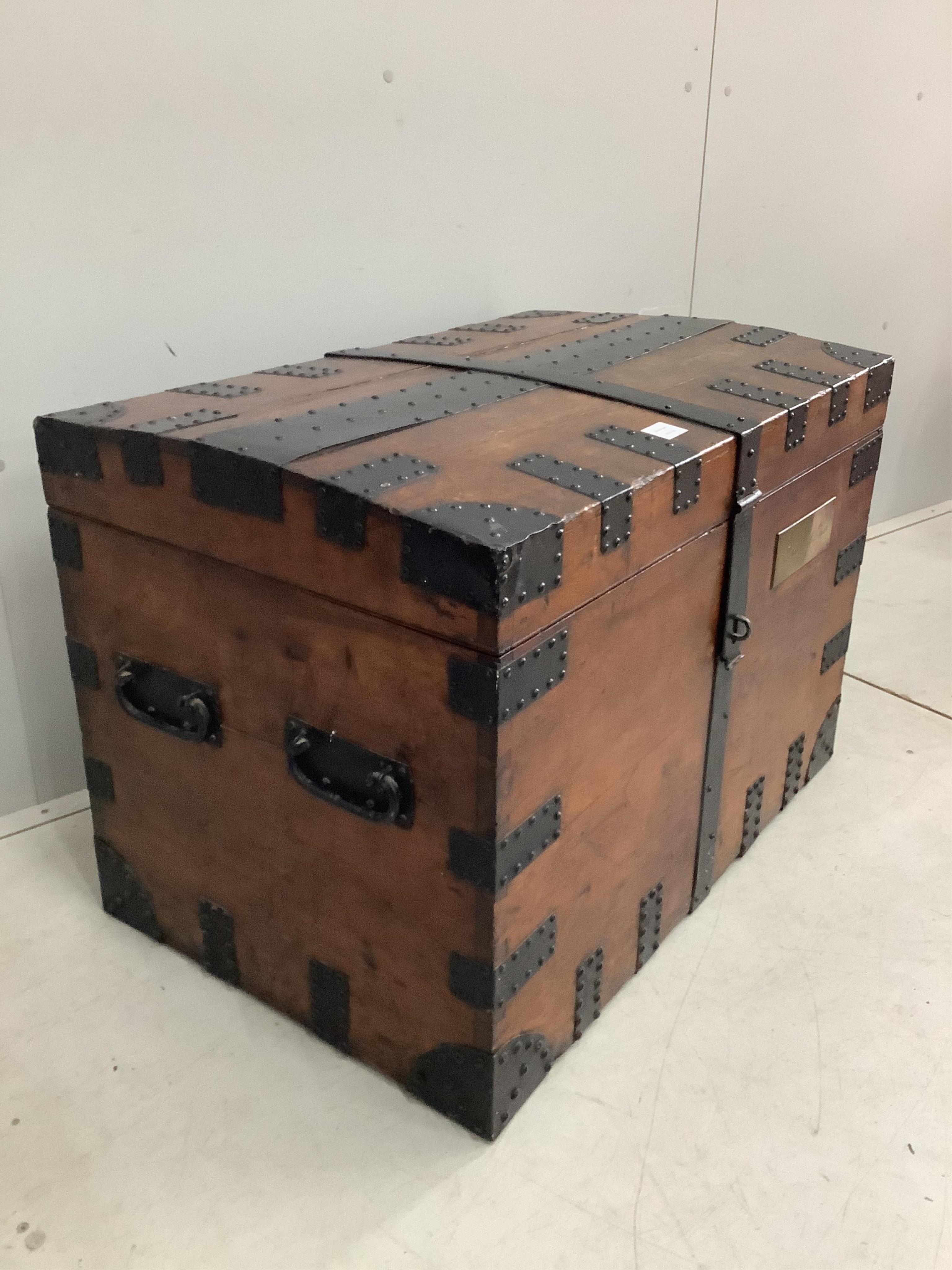 A Victorian oak and iron bound silver chest, brass plaque engraved Lieut. Col. Bush, width 86cm, depth 55cm, height 60cm